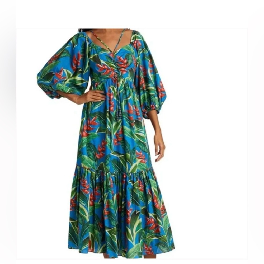 Farm Rio Dream Garden Midi Dress Size Small Resortwear Beach Blue | Summer Dress
